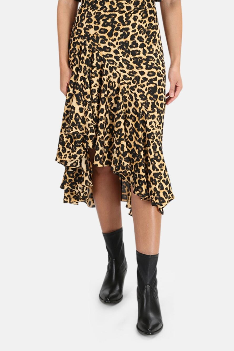 Misa Los Angeles Mireya Leopard Animal Print Ruffled Asymmetric Midi Skirt Sz M